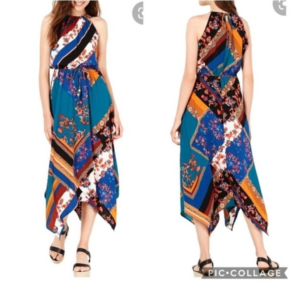 Fishbowl Blue and Orange Asymmetrical Halter Sundress